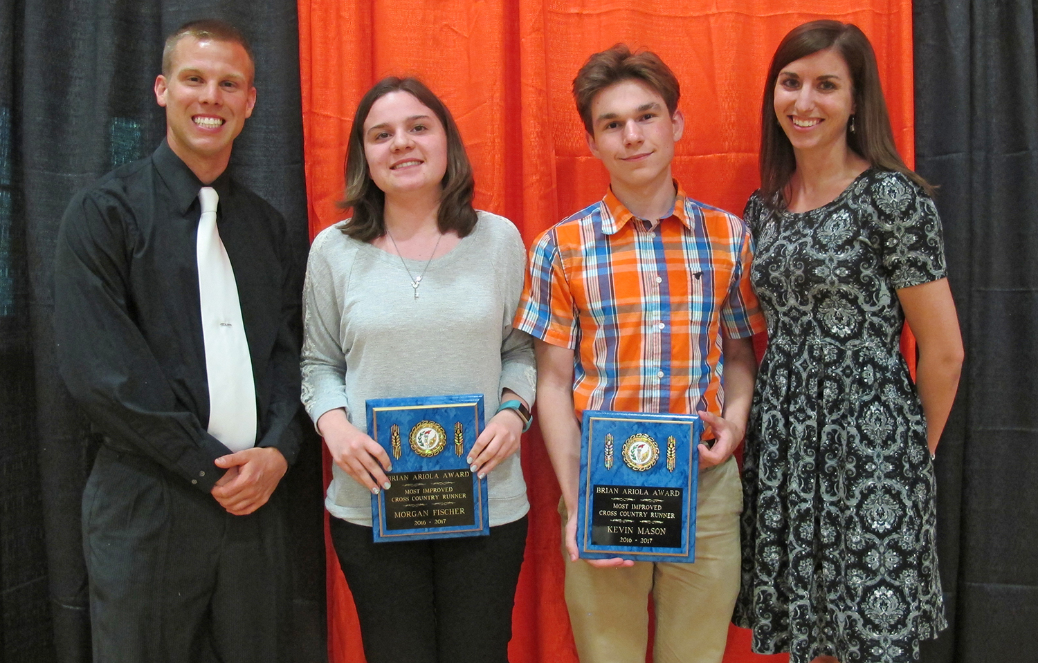 Brian Ariola Award: Female: Morgan Fischer. Male: Kevin Mason. Presented by: Shawn Parkhurst (left), and Beth Oustrich- Brian Ariola Award: Female: Morgan Fischer. Male: Kevin Mason. Presented by: Shawn Parkhurst (left), and Beth Oustrich-